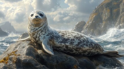 A seal rests on a rocky shore, surrounded by waves and a dramatic sky, showcasing its natural beauty in a serene coastal environment.