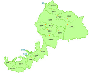 福井県　地図　黄緑　斑点　イラスト