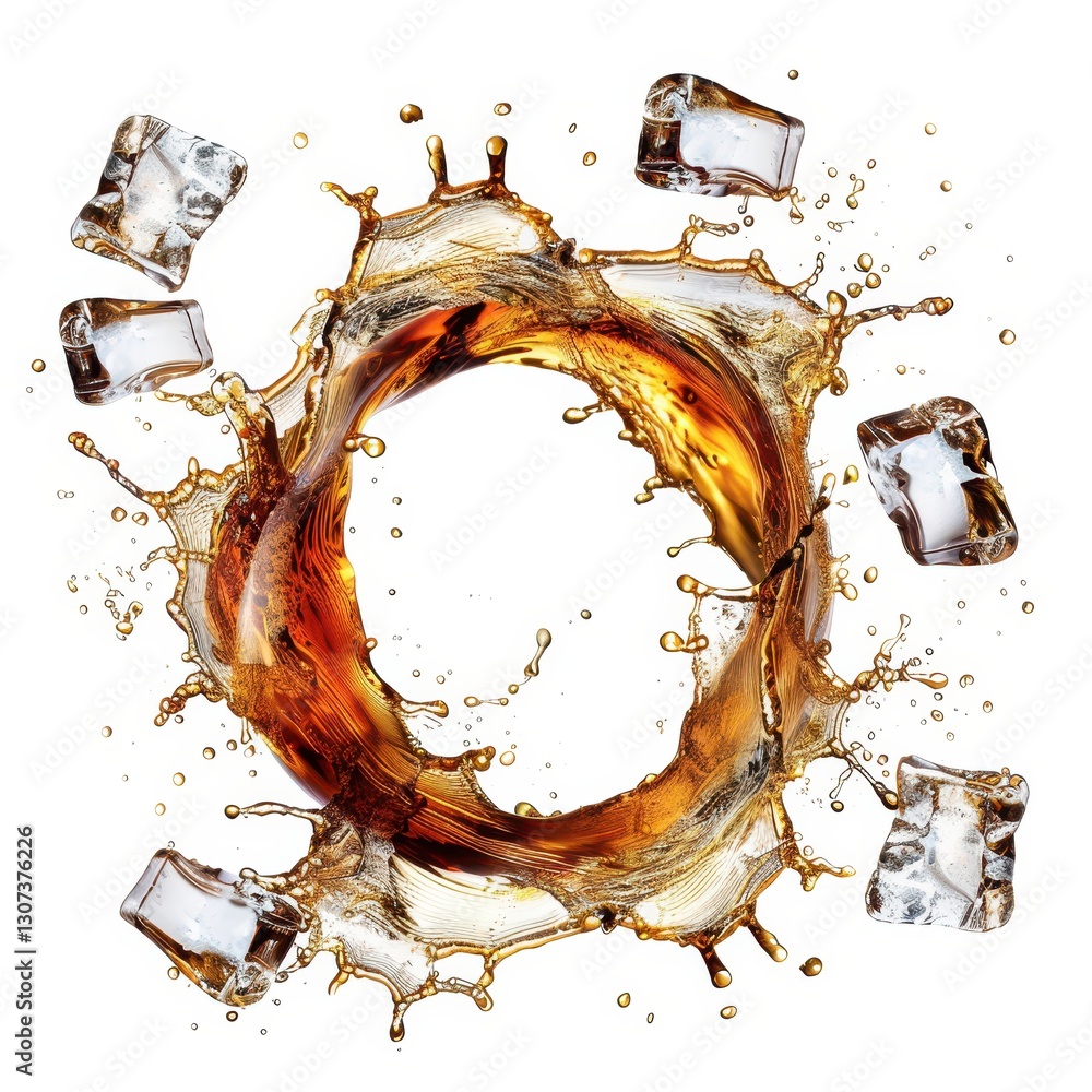 Poster captivating circular splash of soda with ice cubes and dynamic swirl in clear white background