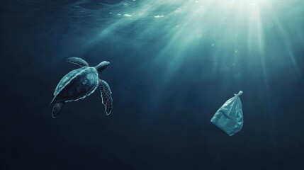 Fototapeta premium Sea turtle swimming calmly near floating plastic bag in ocean