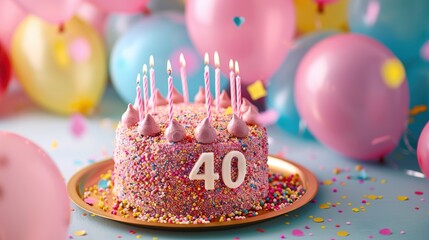 Celebrating a milestone birthday with a colorful cake and balloons