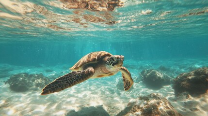 Obraz premium Sea turtle gracefully swimming in clear blue ocean waters