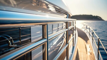 Fototapeta premium Sunset reflections on a yacht's railing by the shoreline