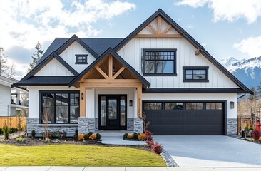 A British Columbia home in Canada showcases a modern farmhouse style with white walls and a black roof, large windows for natural light, and a detailed front entrance with a garage door