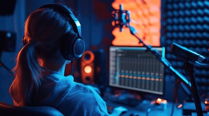 Recording session in a modern sound studio with focused artist