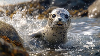 A playful seal splashes in the water, surrounded by rocks, showcasing its curious expression in a lively aquatic scene.
