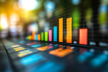 Colorful bar graph on digital screen with blurred background