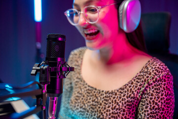 Professional Musician with condenser microphone and tablet for Mixing Mastering music. Music...