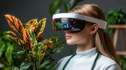 Woman in Smart Glasses Engaging with Nature and Technology in Modern Setting