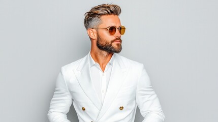 Fototapeta premium Stylish Man in White Suit and Sunglasses Posing Against a Gray Background