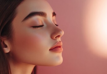 Fototapeta premium A gorgeous woman with lengthy brown hair, seen in profile on a pink backdrop, providing abundant space for beauty and spa promotions