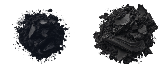Isolated activated charcoal powder is depicted on a transparent png