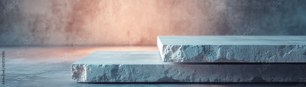 Poster massive broken concrete slabs hover in a zero-gravity environment, softly lit by a holographic glow 