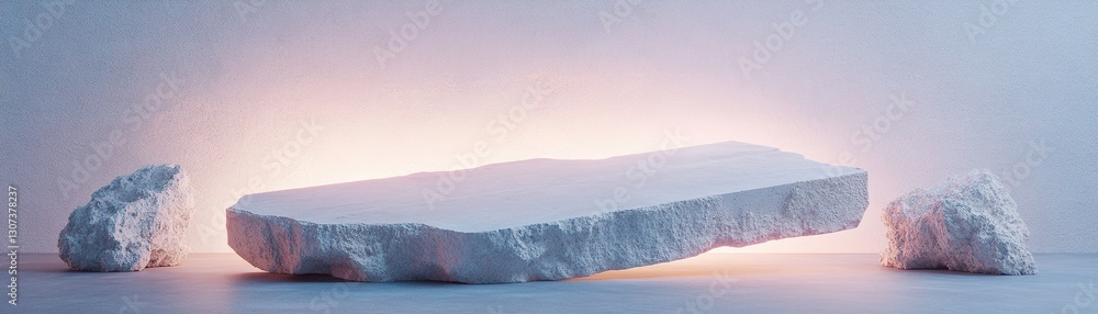 Poster massive broken concrete slabs float in a surreal, futuristic environment, illuminated by a soft holo