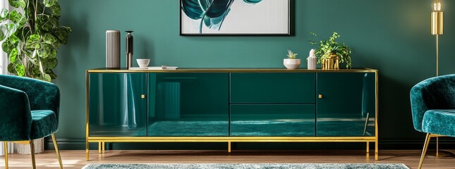 The stylish home interior includes a modern sideboard and gold accents against a striking emerald green wall