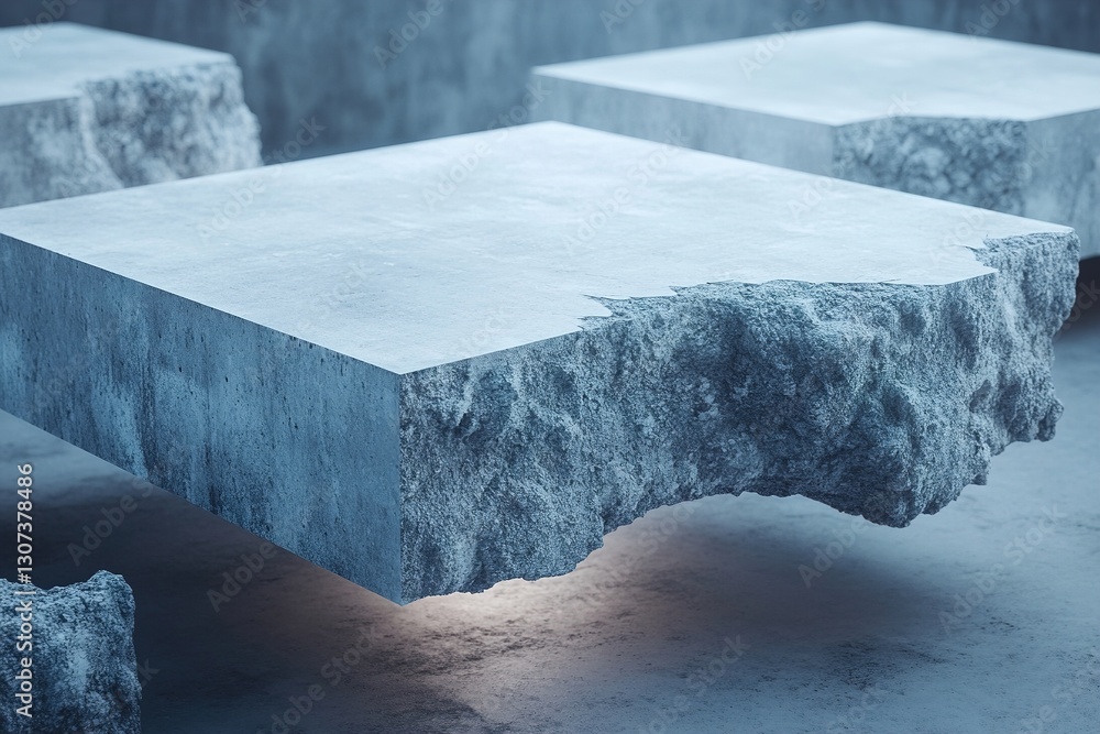 Poster massive concrete slabs float effortlessly in a zero-gravity setting, softly illuminated by a mesmeri