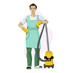 Mature man cleaning home. Person cleans floor with vacuum cleaner. Male character for housework, housekeeping. Flat illustration isolated on white background