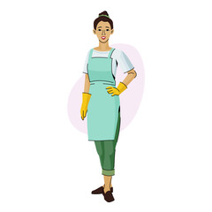 Professional cleaner flat illustration. A lady working as a housekeeper keeps the place clean and tidy.