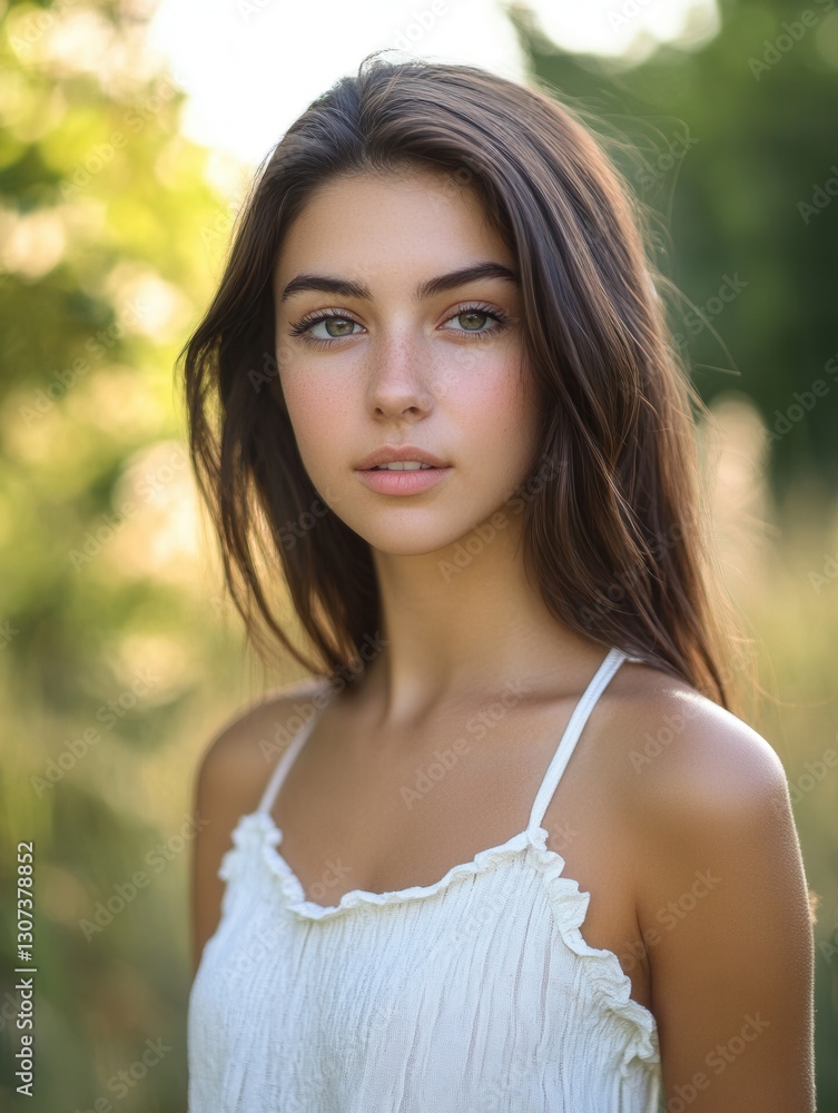 Poster young woman enjoying a sunny day in a field surrounded by greenery and softly glowing sunlight gener