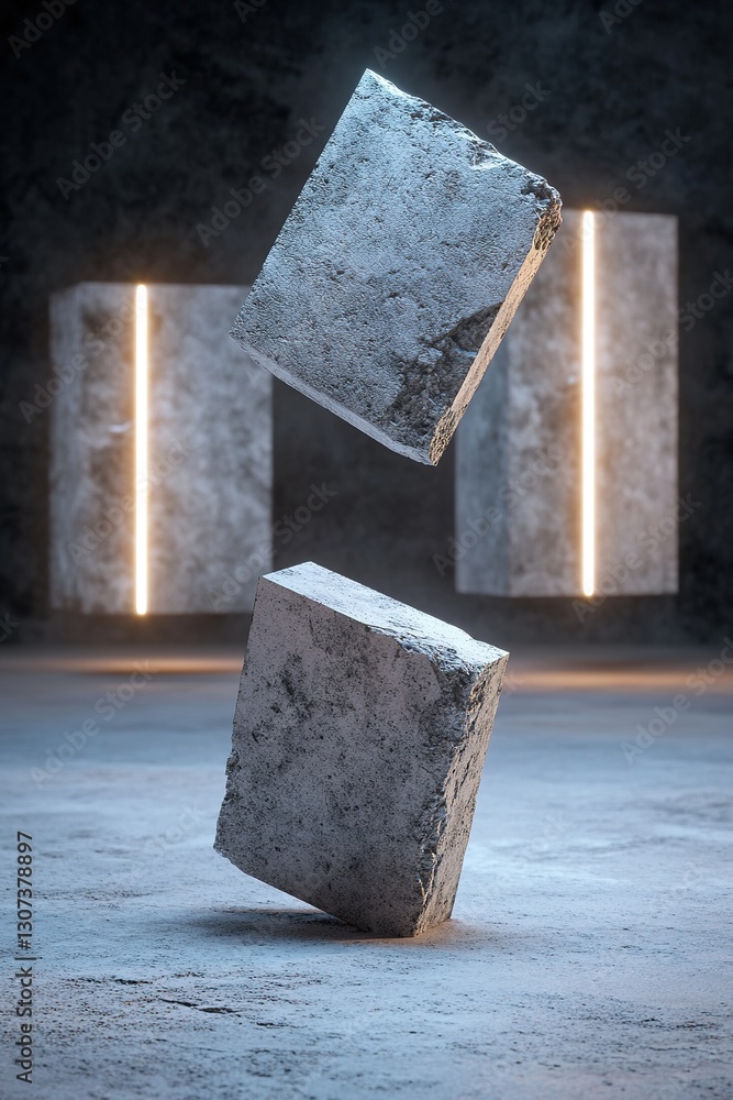 Poster massive broken concrete slabs float in zero gravity, gently illuminated by a soft holographic glow, 