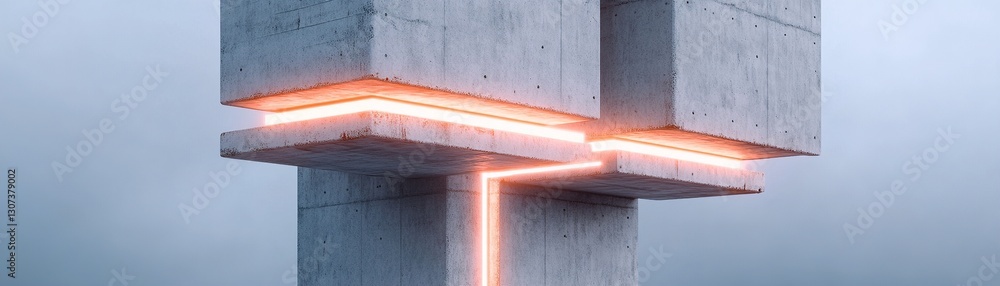 Aufkleber massive concrete towers float in a moody environment, surrounded by glowing abstract light panels. t