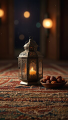 Ramadan Kareem Greeting Template, Dates and Islamic Lantern with a Candle, Arabic Traditional, using generative ai