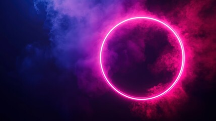 Neon circle graphic design, pink and purple smoke background, abstract art