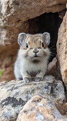 Obraz premium Pika sits in rocky den, mountain backdrop