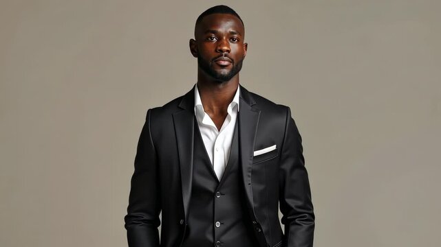 Elegant man in stylish black suit posing confidently in a modern studio setting with neutral background