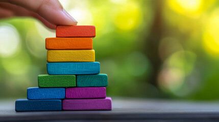 Building colorful tower with wooden blocks outdoors