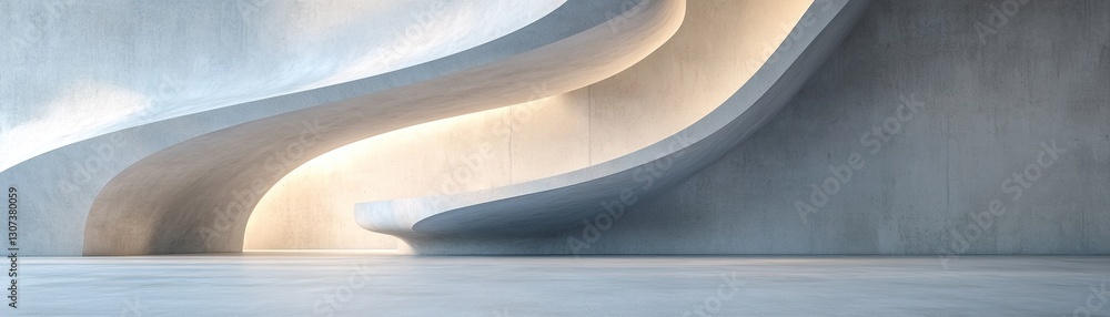 Poster a high-end concrete setting features abstract curved walls illuminated by a smooth gradient of light