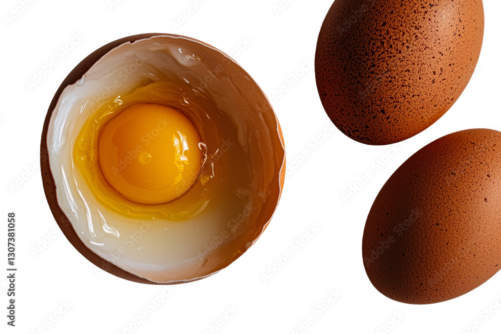 Poster A brown chicken egg is shown in isolation on a white background with the entire image in focus due to focus stacking, available in PNG format