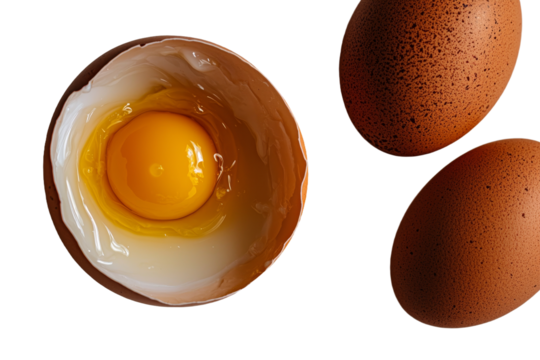 A brown chicken egg is shown in isolation on a white background with the entire image in focus due to focus stacking, available in PNG format