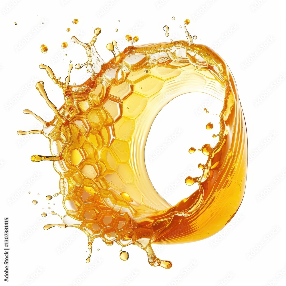 Poster captivating circular honey splash with hexagonal patterns in a dynamic flow, perfect for culinary an