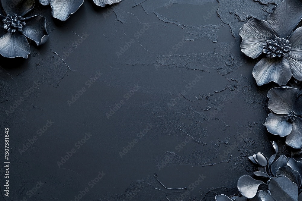 Poster a luxurious backdrop features delicate chrome floral engravings on a rich matte black surface, creat