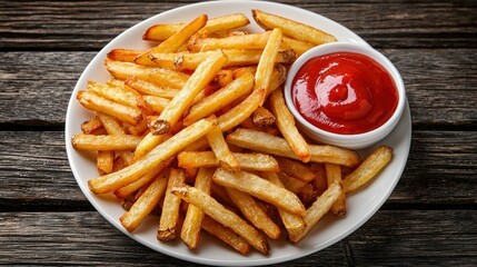 Crispy French Fries, Ketchup, Wooden Table, Food Photography