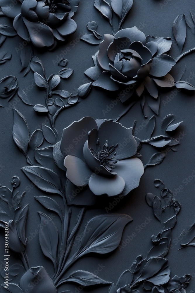 Aufkleber delicate chrome floral engravings intertwine with lush botanical elements on a deep matte black surf