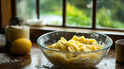Homemade lemon pastry dough preparation in glass bowl rustic kitchen food sweet tasty wheat flour