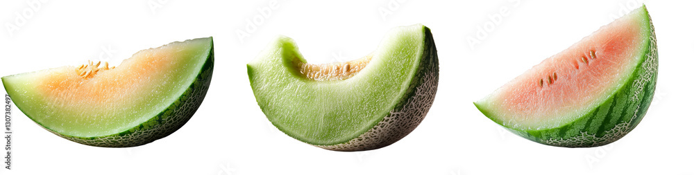 Poster Isolated on a transparent background, a single slice of cantaloupe melon is depicted in PNG