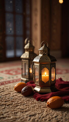 Ramadan Kareem Greeting Wallpaper, Islamic Lantern with a Candle, Arabic Traditional, using generative ai
