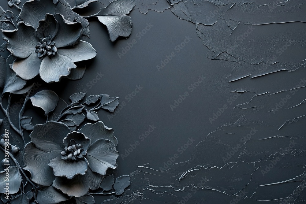 Poster delicate chrome floral engravings are etched into a deep matte black surface, creating a luxurious a