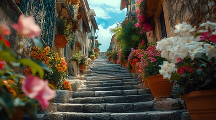 Exploring the Inviting Narrow Stairs of Castelbuono in Sicily, Surrounded by Historical Architecture and Vibrant Decor