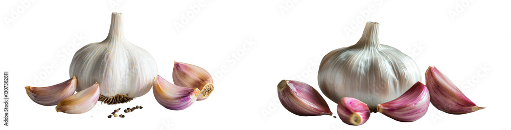 Poster an entire head of garlic and its separated cloves are displayed on a transparent backdrop