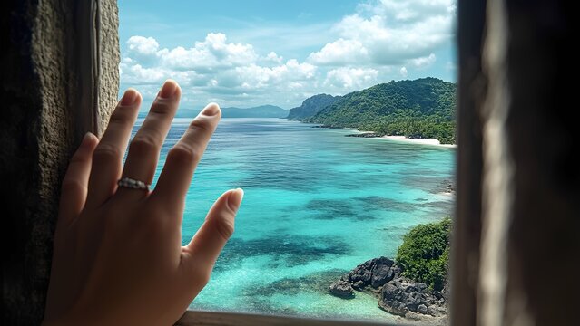 Fototapeta First person camera angle ,woman hand touching the window can see a beautiful ocean and moutain out of there .