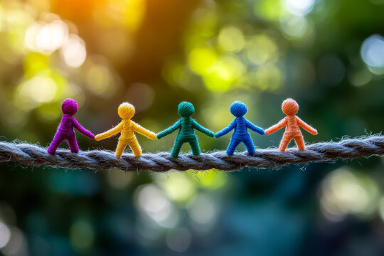 Colorful figures holding hands on rope symbolize unity
