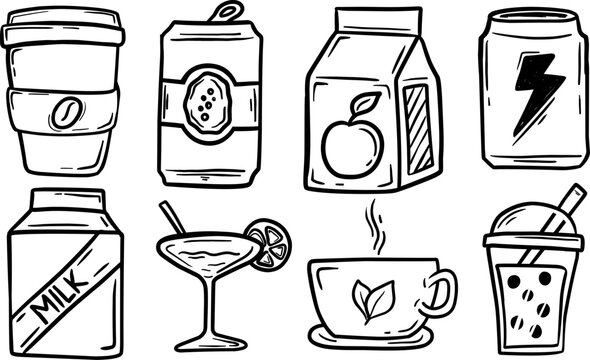 Set of scibble hand drawn drinks illustration doodles. Cartoon sketch isolated on white background. there are coffee, tea, juice, milk, cocktail, beer. vector illustration.