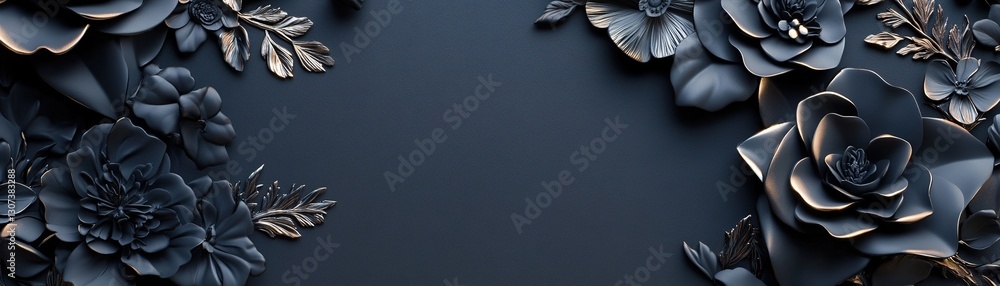Poster delicate chrome floral engravings rise from a deep matte black surface, creating a surreal luxury bo