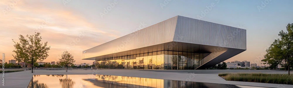 Poster a futuristic corporate building featuring sharp angles, ideal for modern architecture and design the
