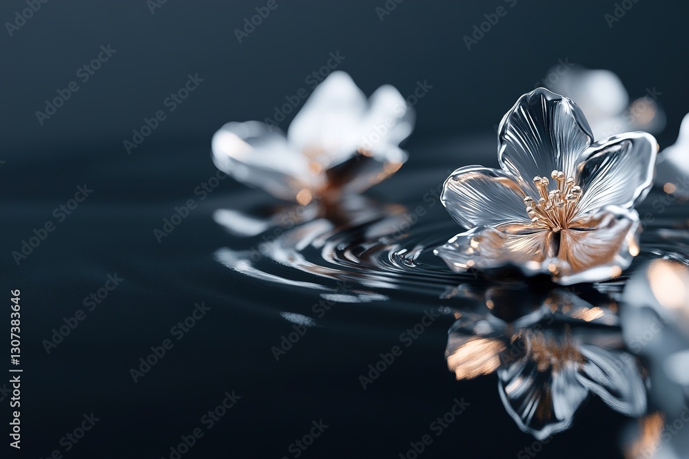 Poster floating liquid chrome petals create a surreal atmosphere over a sleek black matte surface. the mood