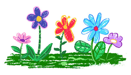 Kid doodle hand drawing crayon, wax, pencil, chalk or charcoal texture. childlike flowers and plants, grass illustration. messy and colorful vector art	
